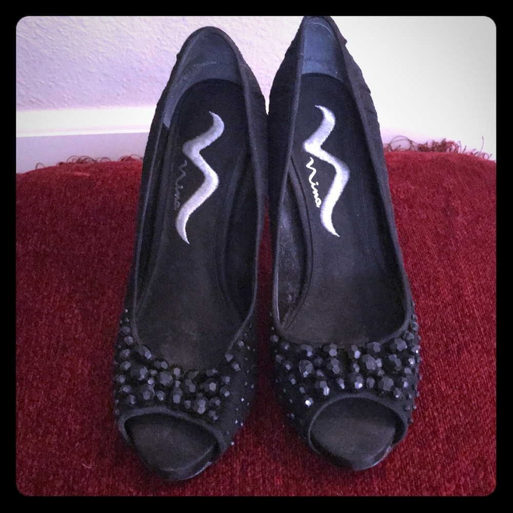 Black Nina peep toes heels with beading at toe